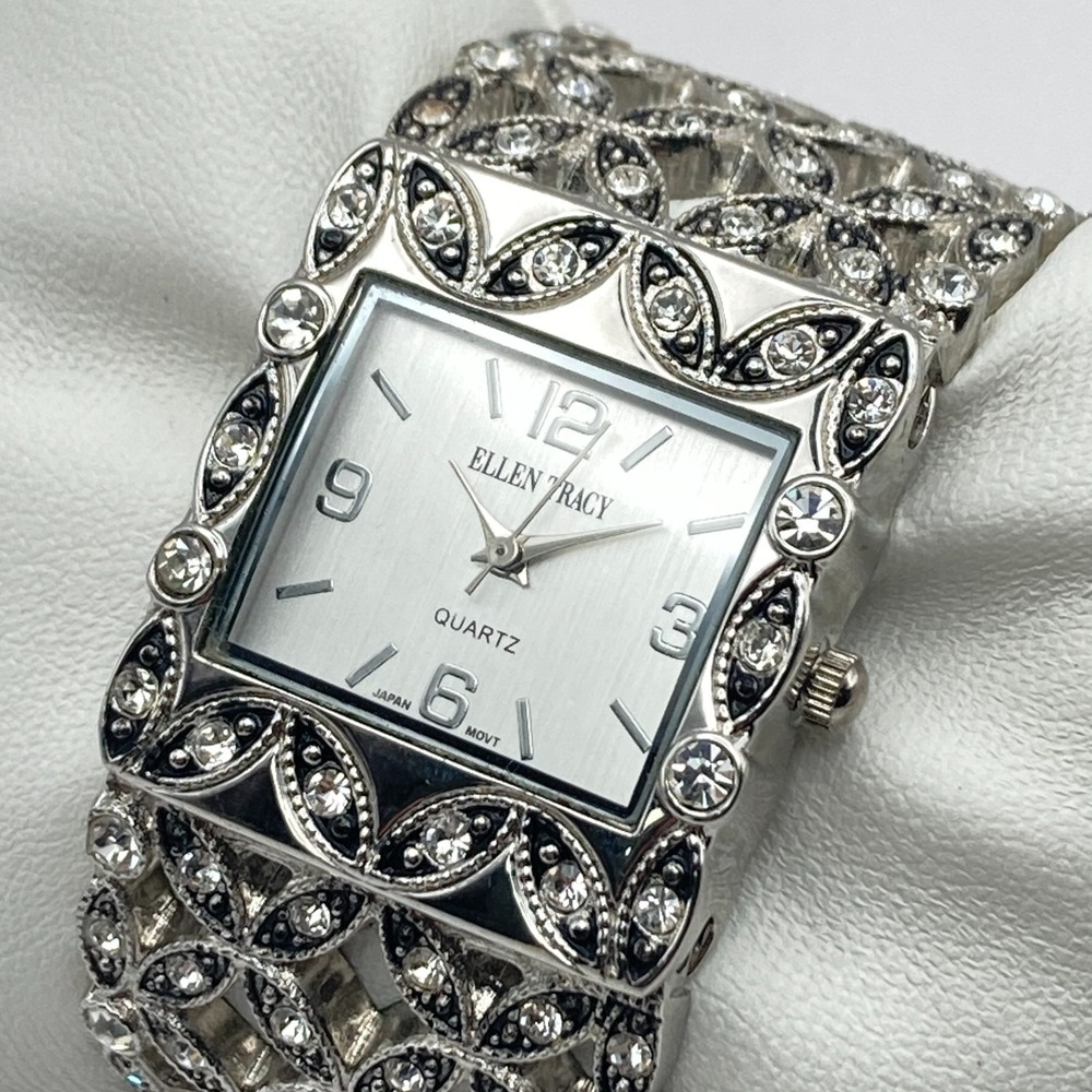 Ellen Tracy Women's Watch Silver Tone Cuff Crystals Bling New Battery SMALL 6"